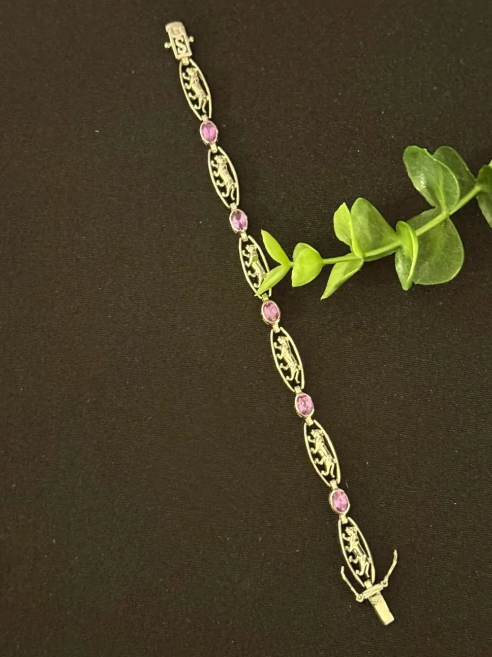 Sterling Silver 925 Panther Link‎ Bracelet with Amethyst Accents